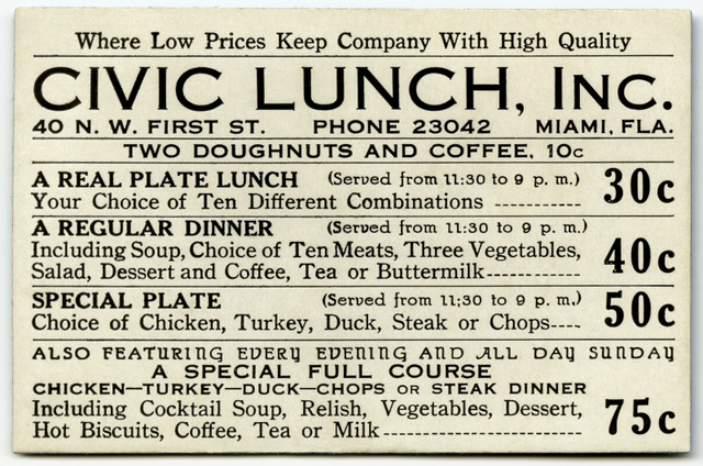 Civic Lunch, Miami, Florida, 1930s