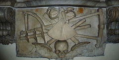 barking church, essex,detail of the splendid memorial to captain john bennett, 1706, with the tools of a captain's trade