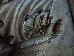 barking church, essex,two trumpetters on the stern of his ship, the lennox, a detail of the splendid memorial to captain john bennett, 1706