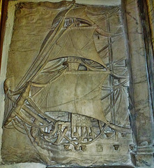 barking church, essex,prow of "the lennox", a detail of the splendid memorial to captain john bennett, 1706. his chest tomb outside also depicts his ship.