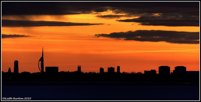 Portsmouth skyline from Langstone Harbour at sunset