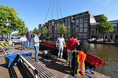 Pulling a boat out of the canal