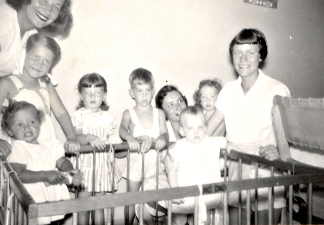 Neighbors and kids, summer, 1950, Ricky, Alice and Karen center.