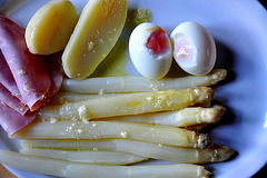 Asparagus with Ham, Potatoes, Boiled Egg and Melted Butter