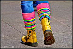 Yellow boots and stripey socks!