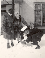 Mom discovers snow with Grandma Grossenbach and Dad.  Milwaukee, 1946