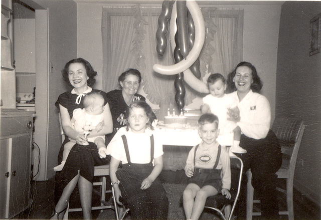 My third birthday. Mom with sister Karen and grandma Ellen, me in front.  Chicago, March, 1950,