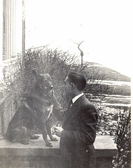 Dad (r), college, with fraternity house dog, c. 1935