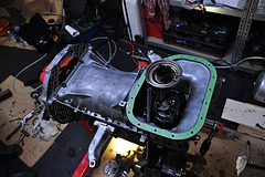 Rebuilding a Mercedes-Benz OM616 engine – Upper oil pan installed waiting for the lower oil pan