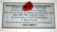 Memorial to Private Joseph Twyford, Saint Michael's Church, Birchover, Derbyshire
