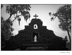 Shrine with Cross, Bell, and Ivy in black and white