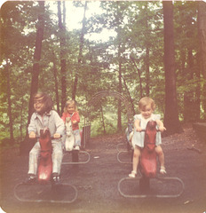 Tally-Ho! Jackie, Jennifer and Elise chase steeples in the Vintage Theme Park playground, 1977.