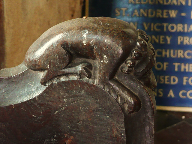wordwell church, suffolk, lap dog with bells on collar on bench end, c15?