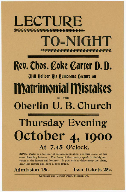 Matrimonial Mistakes Lecture, Oberlin, Pa., Oct. 4, 1900