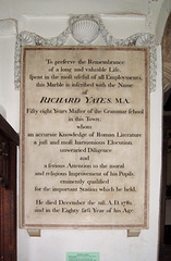 Memorial to Richard Yates, Saint Lawrence's Church, Boroughgate, Appleby In Westmorland, Cumbria