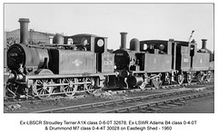 LBSCR A1X 0-6-0T 32678, LSWR B4 0-4-0T 30102 & M7 0-4-4T 30028 Eastleigh Shed 1960