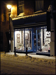 art shop on a snowy night