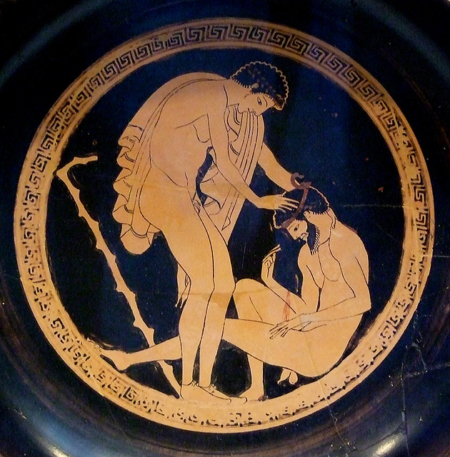Detail of a Kylix Attributed to Onesimos as Painter and Euphronios as Potter with a Drunk Man Vomiting in the Getty Villa, July 2008