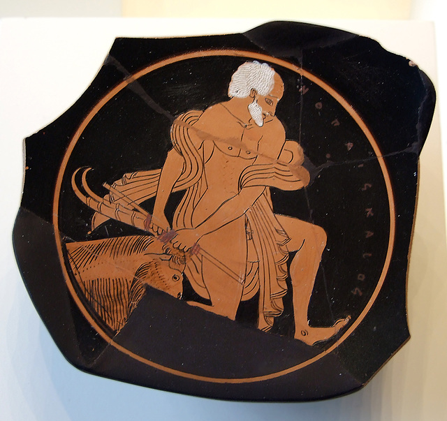 Fragment of a Kylix with a Man Dragging a Sacrificial Goat in the Getty Villa, July 2008