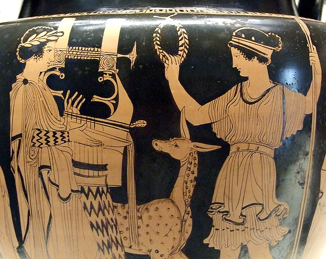 Detail of a South Italian Volute Krater with Apollo and Artemis in the Getty Villa, July 2008
