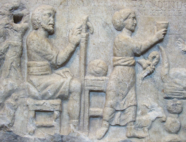 Detail of a Sarcophagus Panel with a Wool Merchant in the Getty Villa, July 2008