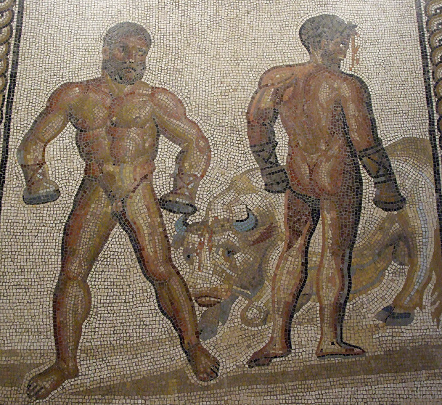 Detail of a Mosaic Floor with a Boxing Scene in the Getty Villa, July 2008