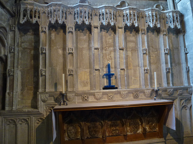 winchester cathedral, hants.c15 reredos in  chapel of guardian angels, with part of c14 chest tomb of arnold de gaveston being used as an altar
