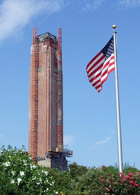 Jones Beach Water Tower Under Renovation with Flag, July 2010