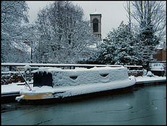 snow clad narrowboat