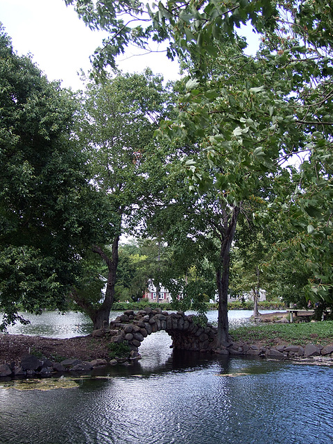 Stone Bridge over the Pond and Tree in Heckscher Park, September 2010