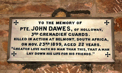 Memorial to Private John Dawes, Christ Church, Lea, Derbyshire