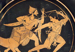Detail of a Plate by Paseas with Herakles, Hermes and Cerberus in the Boston Museum of Fine Arts, June 2010