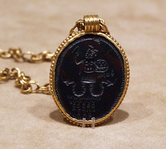 Detail of a Necklace with a Gold Marriage Medallion and Hematite Amulet in the Metropolitan Museum of Art, April 2010