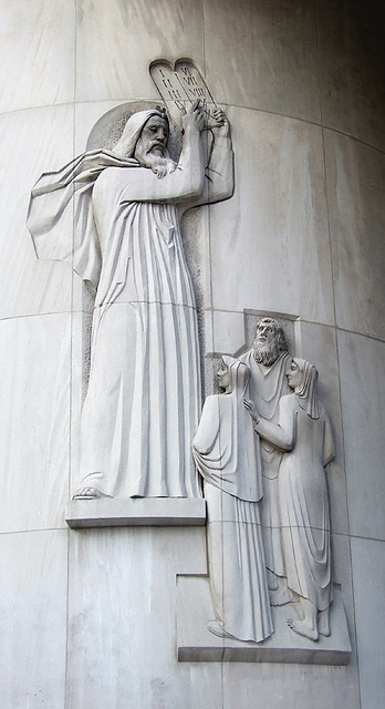 Moses with the 10 Commandments Relief Sculpture on the Facade of the NY Supreme Court in Downtown Brooklyn, May 2008
