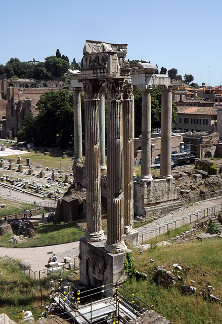 The Temple of Vespasian and the Temple of Saturn from the Tabularium in Rome, June 2012