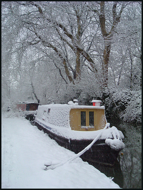 snowy houseboat