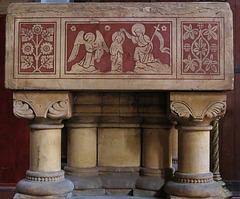 st.peter's church, vauxhall, london,font by pearson, images on mastic inlaid into stone incised by nicholl. 1874
