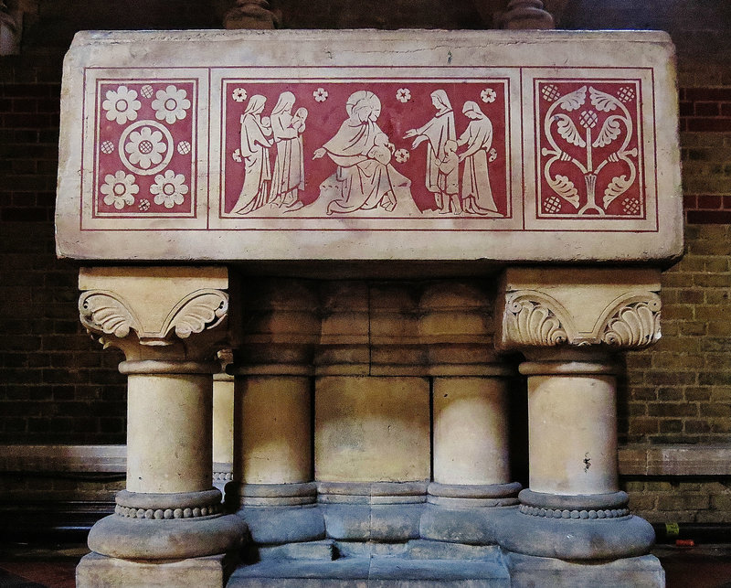 st.peter's church, vauxhall, london c19 font by pearson, images on mastic inlaid into stone incised by nicholl. 1874