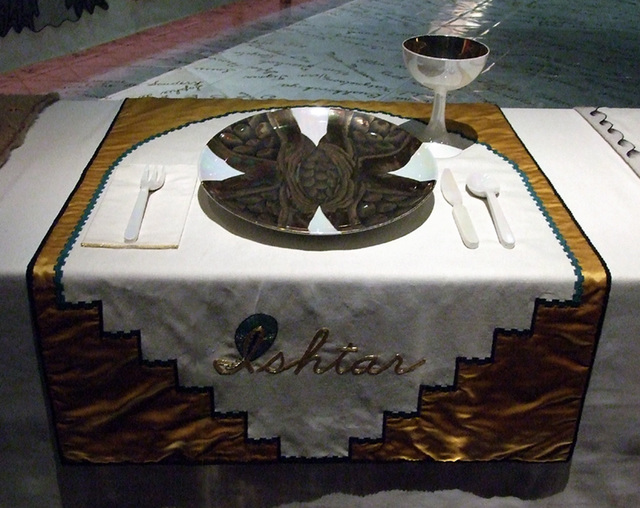 Setting for Ishtar in the Dinner Party by Judy Chicago in the Brooklyn Museum, August 2007