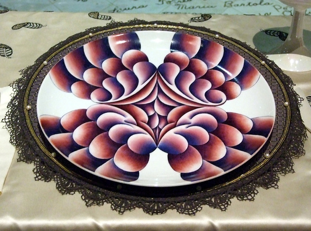 Detail of the Plate for Elizabeth I in the Dinner Party by Judy Chicago in the Brooklyn Museum, August 2007