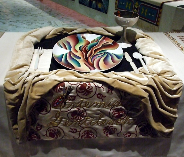 Setting for Artemisia Gentileschi in the Dinner Party by Judy Chicago in the Brooklyn Museum, August 2007