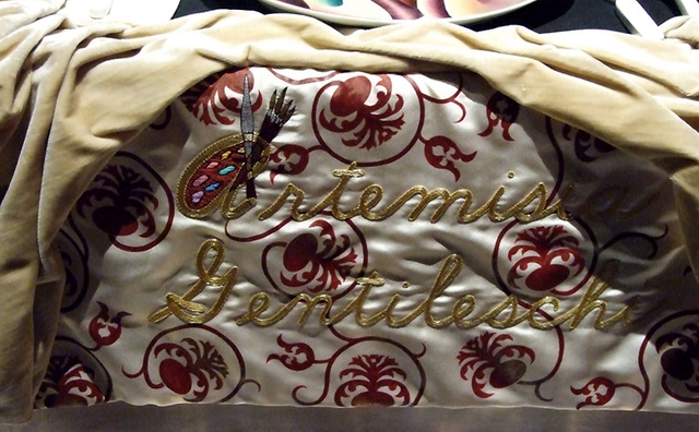 Detail of the Tablecloth for Artemisia Gentileschi in the Dinner Party by Judy Chicago in the Brooklyn Museum, August 2007