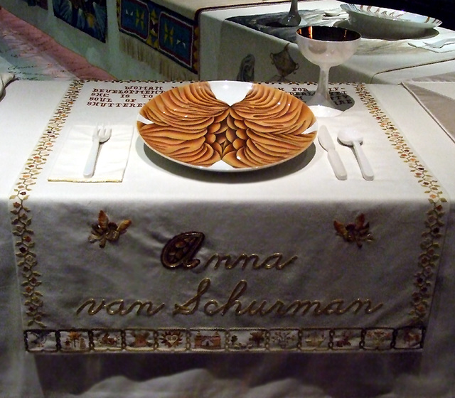 Setting for Anna van Schurman in the Dinner Party by Judy Chicago in the Brooklyn Museum, August 2007