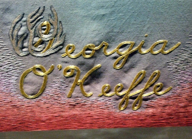 Detail of the Tablecloth for Georgia O'Keeffe in the Dinner Party by Judy Chicago in the Brooklyn Museum, August 2007