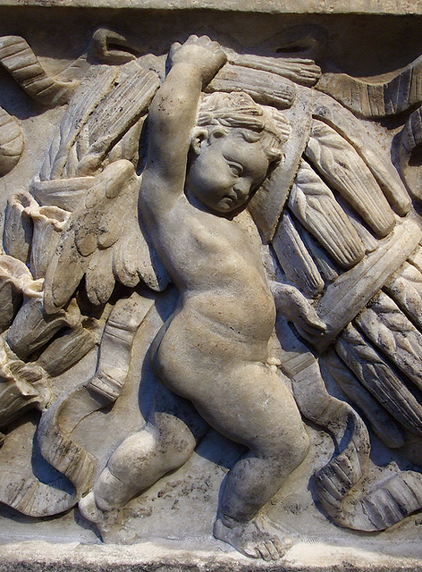 Detail of an Erote on a Garland Sarcophagus with Theseus and Ariadne in the Metropolitan Museum of Art, July 2007