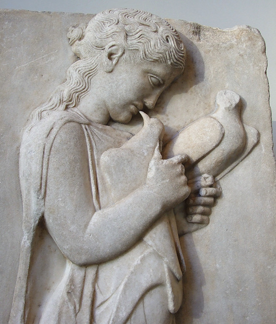 Marble stele (grave marker) of a youth and a little girl, Greek, Attic, Archaic
