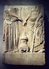 Lower Part of an Ancient Greek Marble Relief Showing Two Goddesses and an Altar in the Metropolitan Museum of Art, Feb. 2007