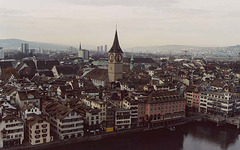 View of the City of Zurich, including St. Peter's Kirche from the Grossmunster, Nov. 2003