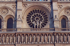 Rose Window and Sculptural Facade Detail of Notre Dame in Paris, March 2004