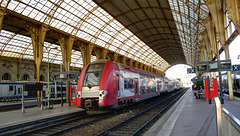NICE: Marquise de la gare SNCF, un TER2N aux couleurx de la principauté de Monaco.